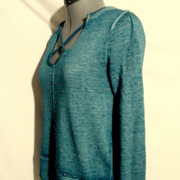 ROCK & REPUBLIC Studs Sweatshirt Top XS Blue Caged V-neck LS Trendy mineral wash - Picture 6 of 10